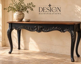 French Provincial Sofa Table, Black Base with Wood Top, Ornate Carved Entryway Console, Writing Desk