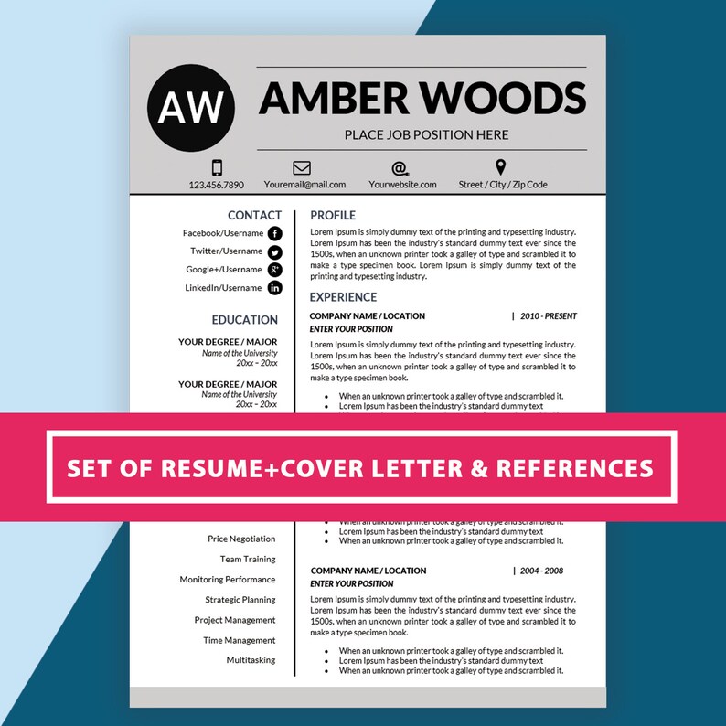 Professional Resume Template Business Resume Template Teacher Resume CV Template Resume Template Instant Download Executive Resume
