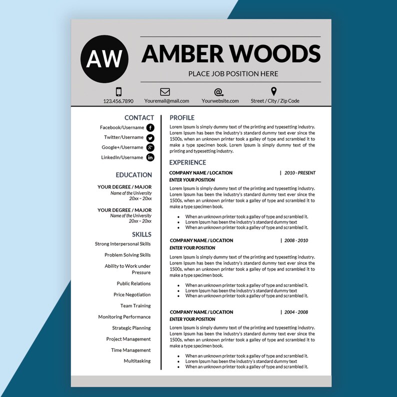 Professional Resume Template Business Resume Template Teacher Resume CV Template Resume Template Instant Download Executive Resume