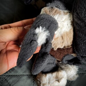 Op de afbeelding: Close-up van een pluche speelgoed met grijs haar en bruine accenten. Het speelgoed heeft een lange, puntige staart en een harige, witte vlek op zijn rug.
