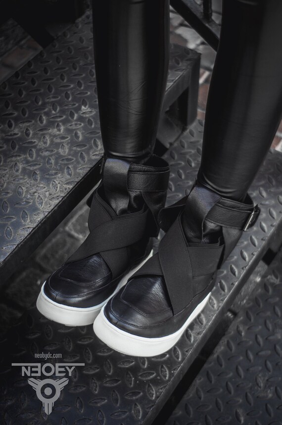 Cyberpunk Black leather handmade boots sneakers Suki. Etsy