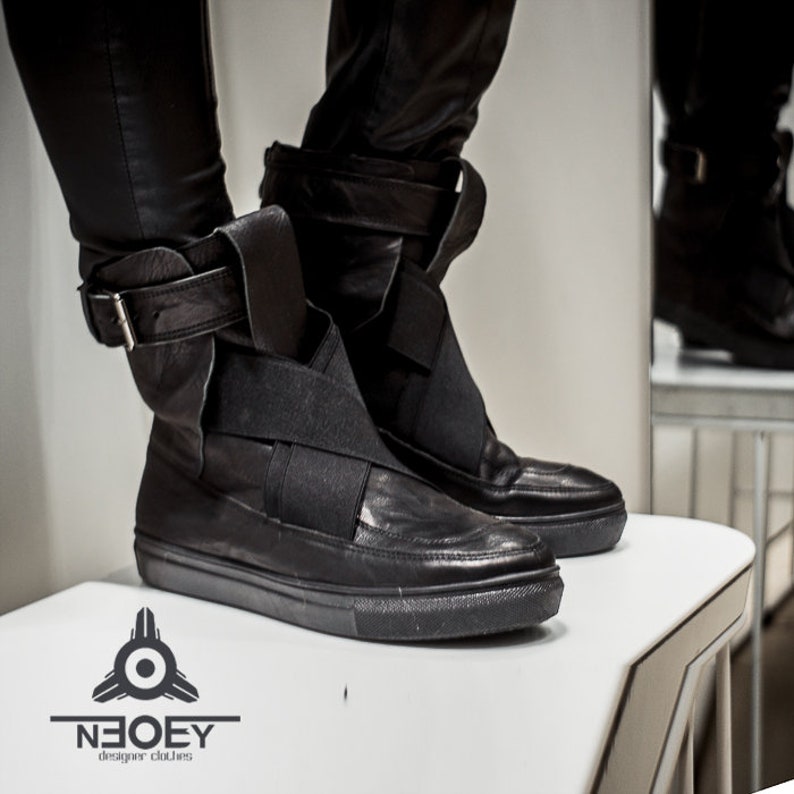 Cyberpunk Black leather handmade boots sneakers Suki. Etsy