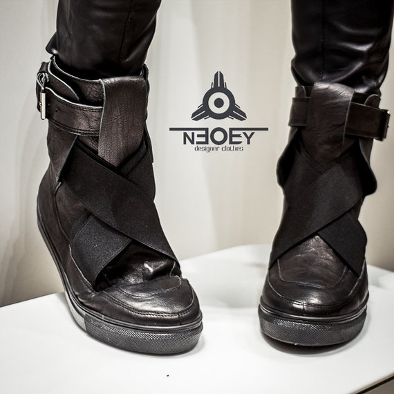 Cyberpunk Black leather handmade boots sneakers Suki. Etsy