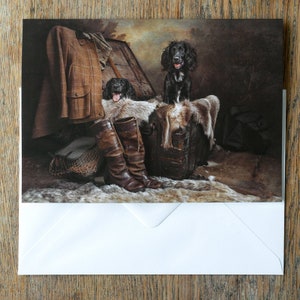 Tarjeta de felicitación premium, tamaño A5 (aprox. 15 x 20 cm): Cocker Spaniel negro, perros de trabajo, perro de caza, escena de caza, por un fotógrafo profesional de mascotas.