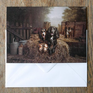 Tarjeta de felicitación premium, tamaño A5 (aprox. 15 x 20 cm): Cocker Spaniel negro, perro de trabajo, perro de caza, escena de caza, por un fotógrafo profesional de mascotas.