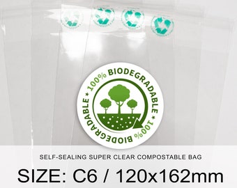 C6 - 120x162mm Biodegradable and Compostable | Food Safe | Super Clear Bio Cello Bags | Clear Packaging | Made With Plants Self Seal