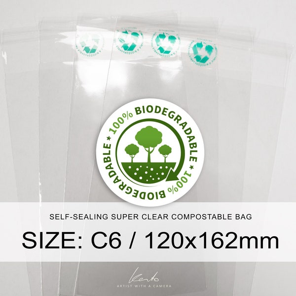 C6 - 120 x 162 mm Biodégradable et compostable | Sans danger pour les aliments | Sacs en cellophane bio super transparents | Emballage transparent | Fabriqué avec des plantes autocollant