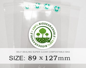 1000 x 89x127mm Biodegradable and Compostable Food Safe cello bag | Super Clear Bio Bags | Clear Packaging | Made With Plants | Self Seal