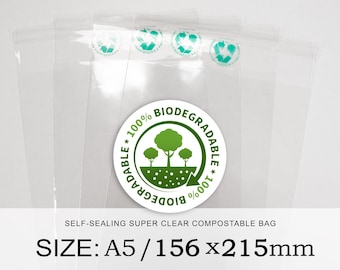 Enveloppe A5 156 x 215 mm Biodégradable et compostable | Sans danger pour les aliments | Sacs en cellophane bio super transparents | Emballage transparent | Fabriqué avec des plantes autocollant