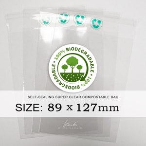 1000 x 89x127mm Biodegradable and Compostable Food Safe cello bag | Super Clear Bio Bags | Clear Packaging | Made With Plants | Self Seal