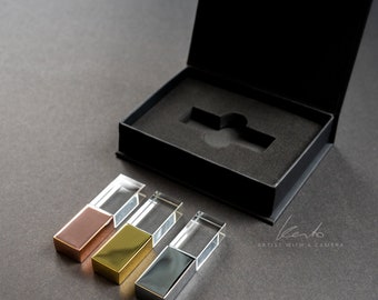 Crystal USB 2.0 flash drive | gold USB | 18 and 8 GB |  | lights up blue when plugged in | handmade magnetic matte black paper box | storage