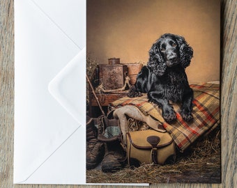 Premium Greeting Card, A5 (~6"x8") - Black Cocker Spaniel, working dog, gundog, with envelope,  by professional pet photographer