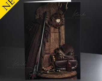 Premium Greeting Card, A5 (~6x8"), gundog, hunting, field sports still life, gun, rifle shooter, shotgun cartridges, shooting times