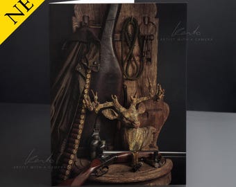 Premium Greeting Card, A5 (~6x8"), gundog, hunting, field sports still life, gun, rifle shooter, shotgun cartridges, shooting times