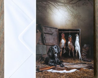 Premium Greeting Card, A5 (~6"x8") - Black Cocker Spaniel, working dog, gundog, pheasants, professional pet photographer, fieldsports