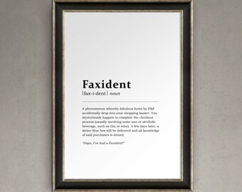 Fairfax and Favor 'Faxident' Dictionary Definition High Quality Unframed Print, A4, A5, Wall Décor, Home Interior, Poster, Blue Box Delivery