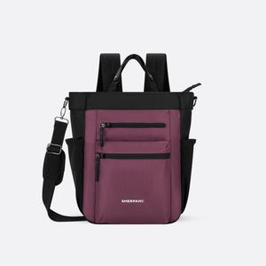 May include: A black and burgundy tote backpack with multiple zippered pockets and a shoulder strap. The bag has a textured burgundy front panel with the brand name "SHERPANI" printed in white. It features a top handle and two side pockets.