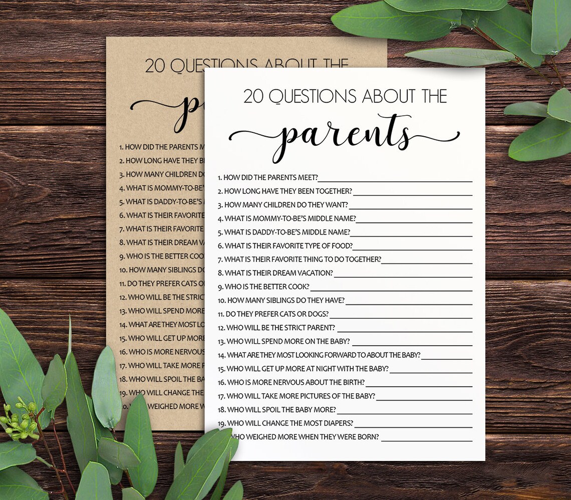 20 Questions About the Parents Baby Shower Game Printable 5x7 Etsy