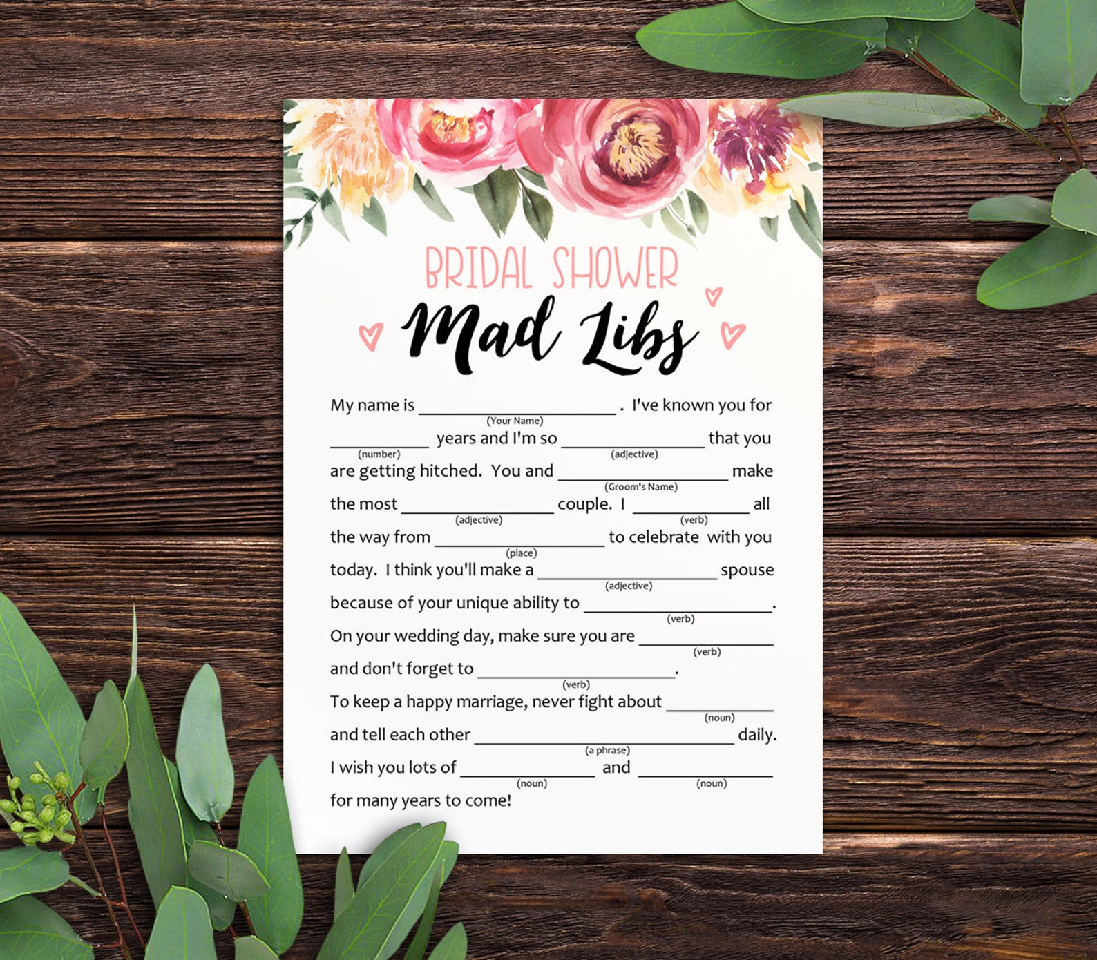 Bridal Shower Mad Libs Game Printable 5x7 INSTANT DOWNLOAD Jpg Etsy
