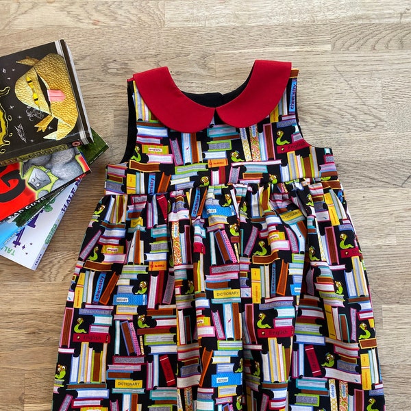 Little Bookworm Dress with Red Peter Pan Collar - Made to Order