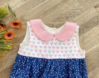 2t - Vintage Style, Pink & Blue Hearts Dress with Peter Pan Collar and Heart Pockets- Ready to Ship - Size 2t