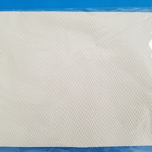 May include: A rectangular piece of off-white textured material, possibly leather or a leather-like fabric, is encased in a clear plastic sleeve. The material has a subtle, repeating pattern.