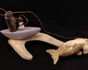 Inuvialuk Whale Hunter holding on for dear life, Beluga Whales, Caribou Antler,Inuit Traditional, Soapstone, Muskox Horn, Beluga