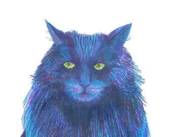 Blue Cat illustration, limited edition Giclée print perfect for home decor, Cat Lover Gift, Cat Art,