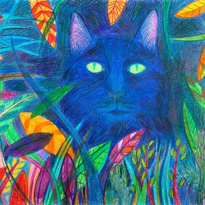 Blue Cat in the Garden Wall Art Print, Cats and Garden Illustration Print, Giclée, Colourful.