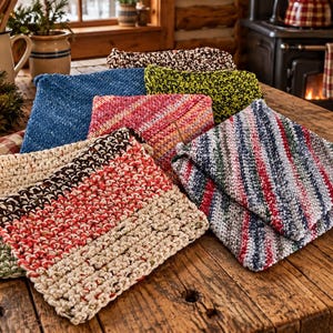 May include: A collection of square, hand-crocheted cotton potholders in various colors and patterns, including solid cream, red and brown striped, blue, lime green, and multi-colored diagonal stripes, stacked together on a rustic wooden surface.