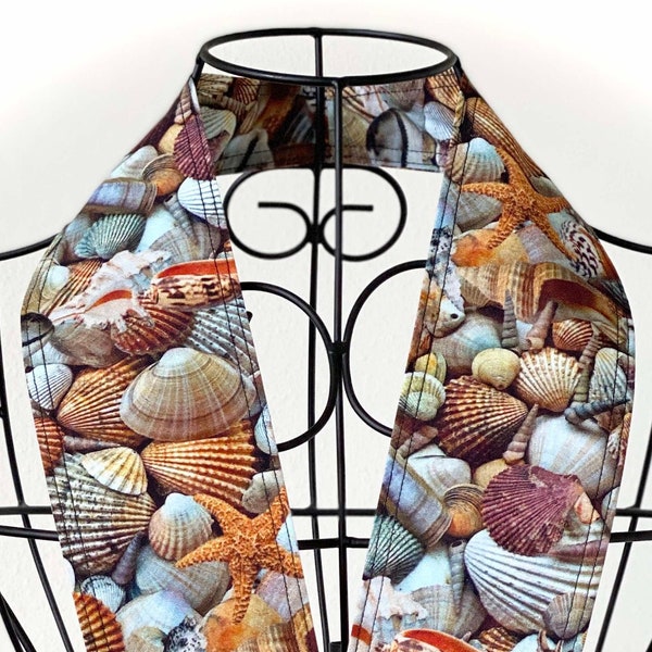 Festive 13 Scarf Necktie - (8 available) Palm Tree Lapel Pin Included, Seashells, Starfish, White, Gold, Silver, Shells, One Size Fits All