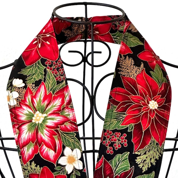 Holiday 20 Scarf Necktie - (16 Available) Plus Holly Lapel Pin, Christmas Poinsettias, Gold Outlines, Gift, One Size Fits All