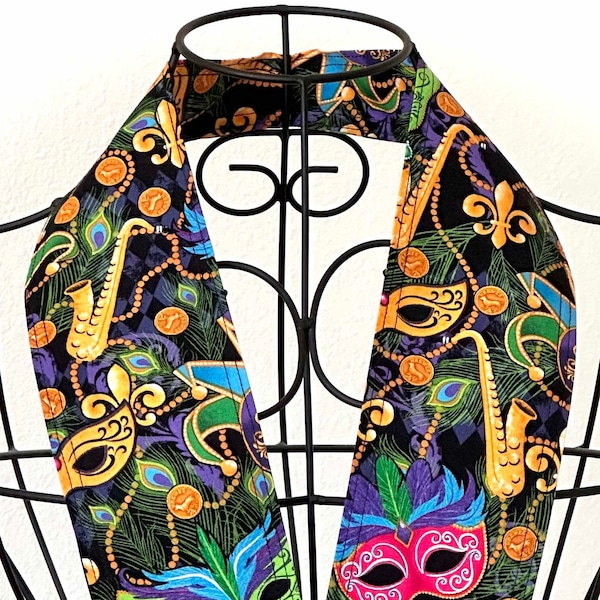 Holiday 25 Scarf Necktie (1 available) Mardi Gras, Mask Lapel Pin Included, Costume, Sax, Purple, Gold, Green, Black, One Size Fits All