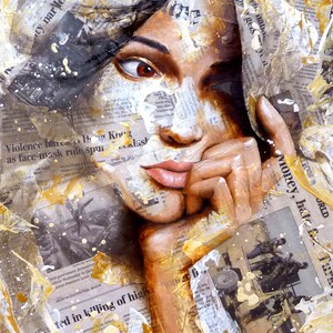 Besieged, Digital download of my original mixed media painting, Oil Acrylic Collage, Experimental art, Printable decor, Beautiful woman