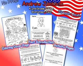 Andrew Jackson Biografie (K–2nd) - US Präsidenten Geschichte Arbeitsblätter - 5 Seiten