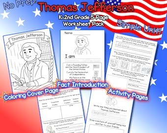 Thomas Schmefferson Biographie (K–2nd) - US Präsidenten Geschichte Arbeitsblätter - 5 Seiten