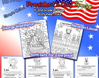 Präsidentstag Arbeitsblätter | George Washington & Abraham Lincoln | K–2te Klasse | 10-seitig