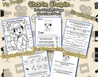 Charlie Chaplin Biographie (K-2nd) - Kunstgeschichte Arbeitsblätter für Kinder - 5 Seiten