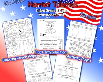 Harriet Tabman Biographie (K–2nd) - Arbeitsblätter zur Geschichte der USA - 5 Seiten - Monat der schwarzen Geschichte