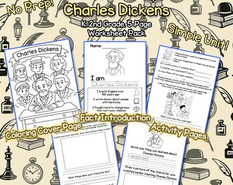 Charles Dickens Biographie (K-2nd) - Literatur Arbeitsblätter für Kinder - 5 Seiten