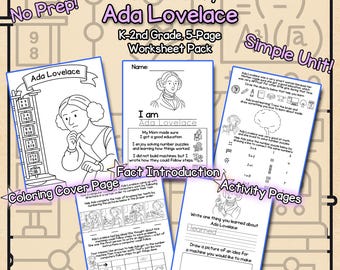 Ada Lovelace Biographie (K-2nd) - Wissenschaftsgeschichte Arbeitsblätter für Kinder - 5 Seiten - Monat der Frauengeschichte