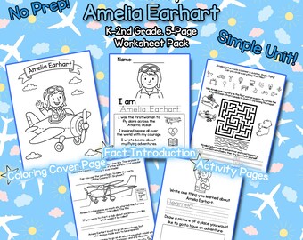 Amelia Earhart K-2nd Grade Geschichte Arbeitsblatt (5 Seiten)