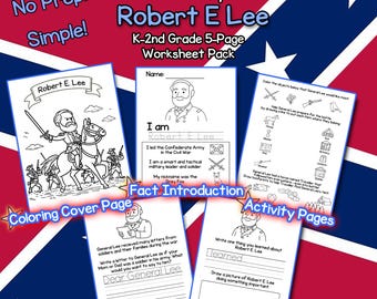 Robert E. Lee Biographie (K–2nd) - Bürgerkriegsgeschichte Arbeitsblätter für Kinder - 5 Seiten