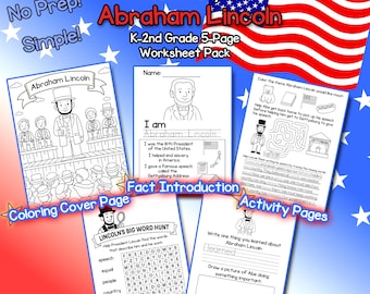 Abraham Lincoln Biographie (K-2nd) - US Präsidenten Geschichtsarbeitsblätter für Kinder - 5 Seiten