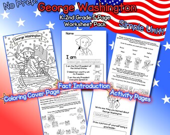 George Washington Biographie (K-2nd) - US Präsidenten Geschichte Arbeitsblätter - 5 Seiten
