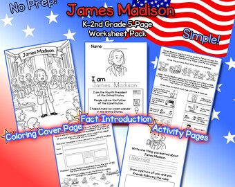 James Madison Biographie (K–2nd) - Arbeitsblätter zur Geschichte des US Präsidenten - 5 Seiten