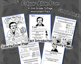 Edgar Allan Poe Biographie (K–2nd) - Literatur Arbeitsblätter für Kinder - 5 Seiten