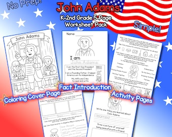 John Adams Biographie (K-2nd) - US Präsidenten Geschichte Arbeitsblätter - 5 Seiten