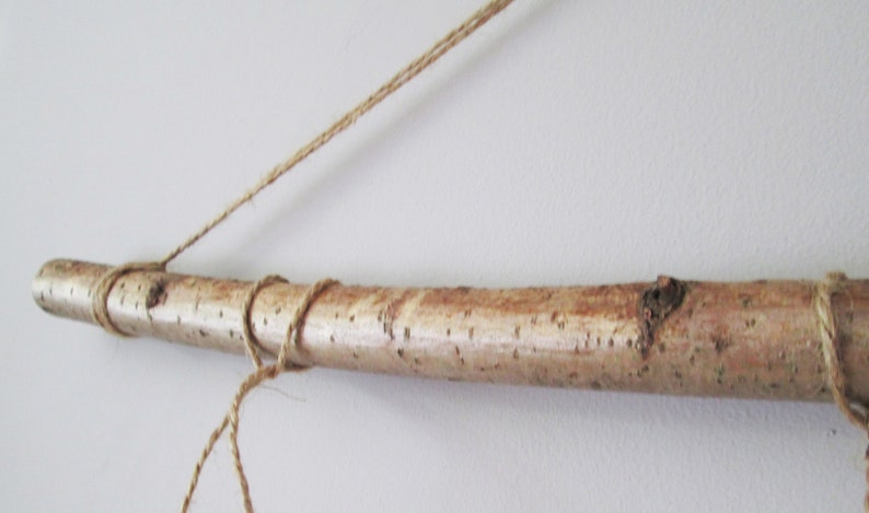 May include: A natural wood branch with a rough, brown bark texture is tied with twine to create a hanging display.