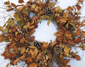 22" Large Wreath Dried Wreath BEECH LEAVES Pine Cones Wreath Country Farm Home Wreath Rustic Door Wall Wreath Natural Wreath